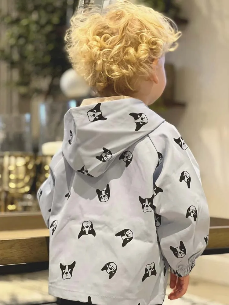 Frenchie Dog Print Baby and Childrens Hooded Jacket  - Blue 12M to 5Y