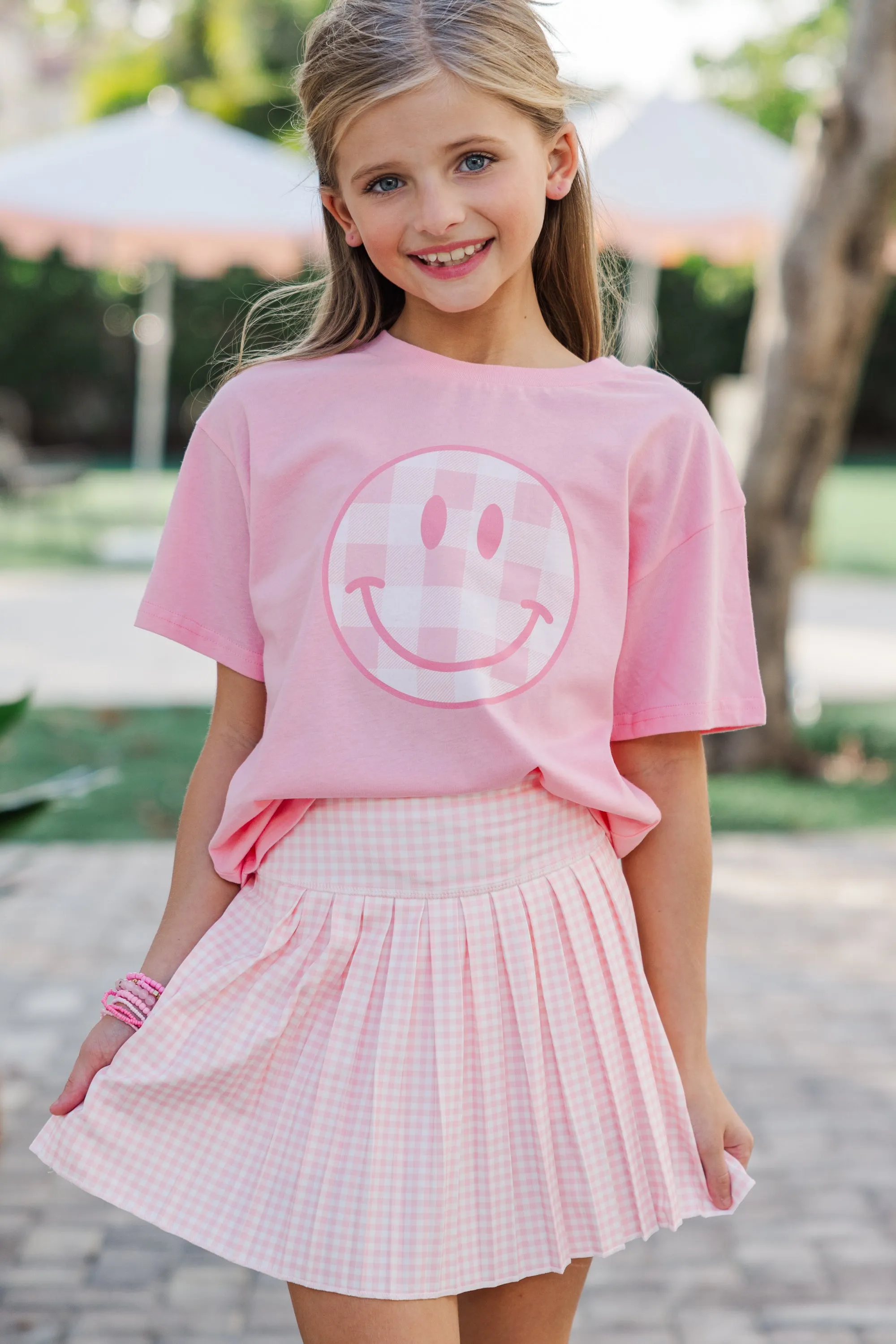Girls: Gingham Smiley Blush Graphic Tee
