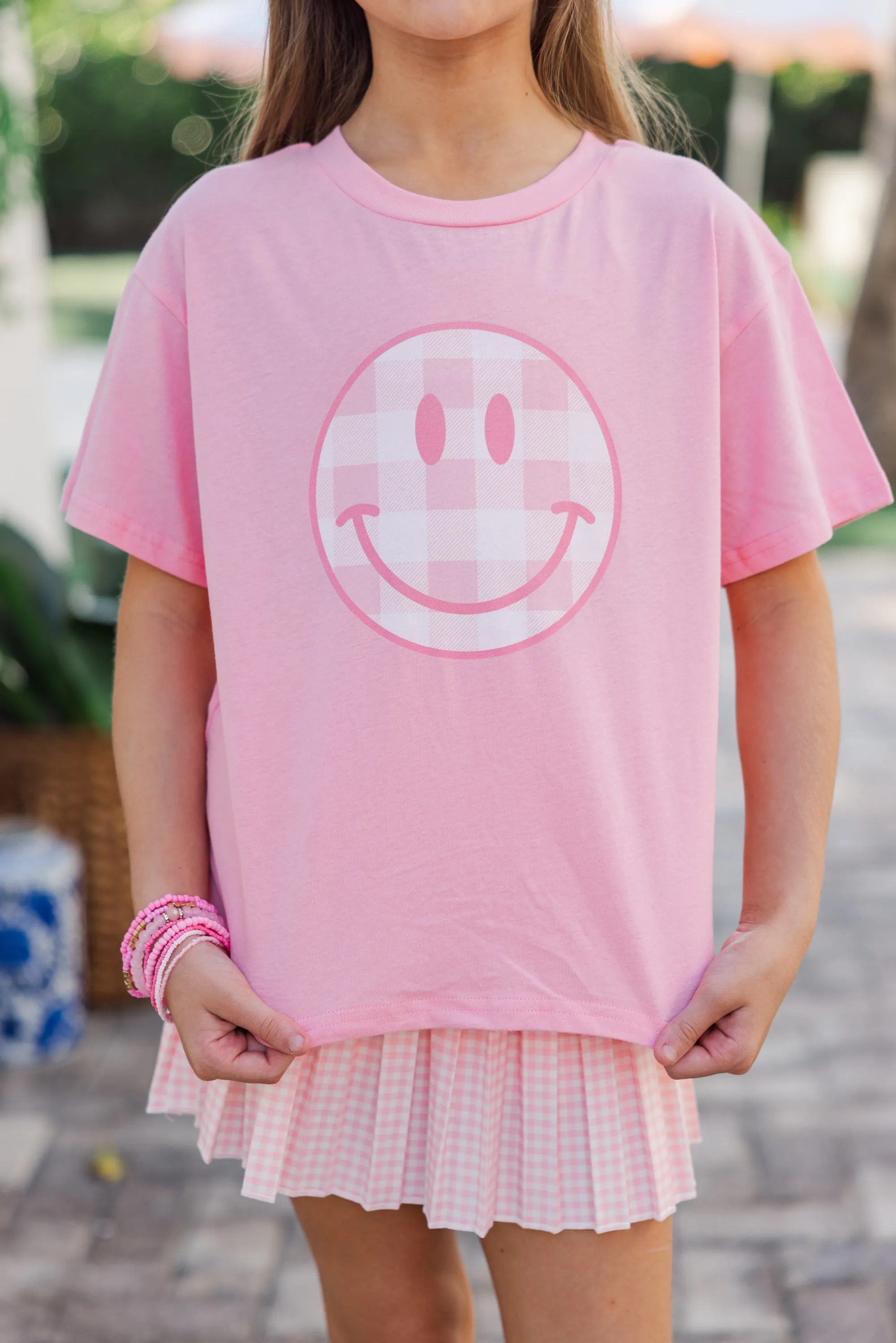 Girls: Gingham Smiley Blush Graphic Tee