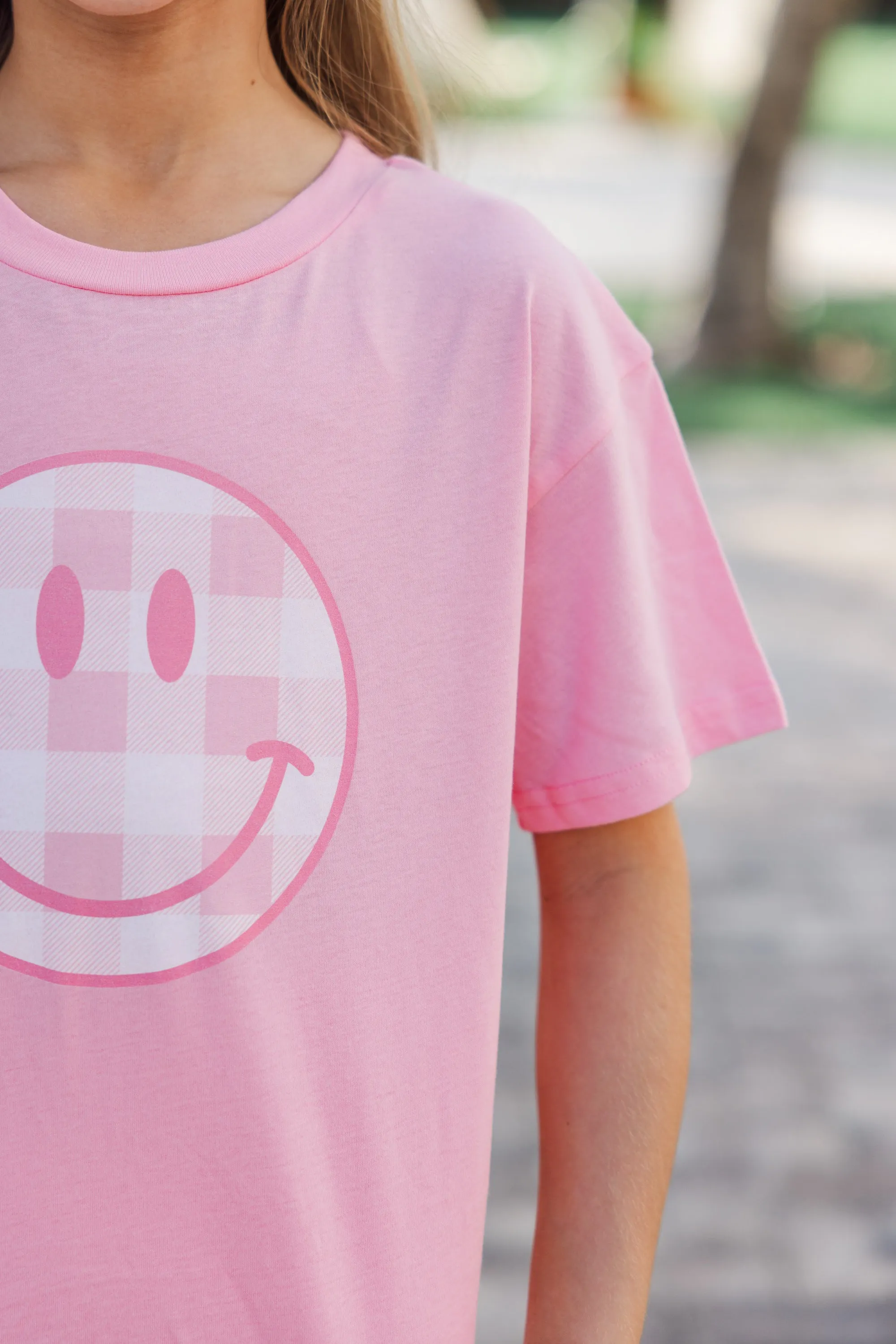 Girls: Gingham Smiley Blush Graphic Tee