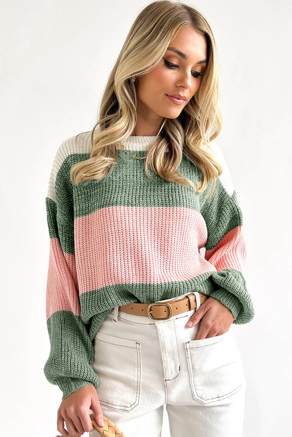 Green-2 Pink Colorblock Drop Shoulder Pullover Loose Sweater