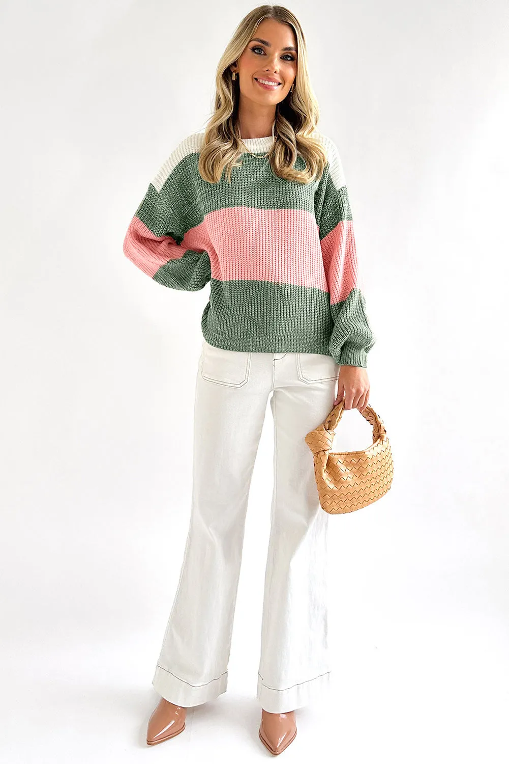 Green-2 Pink Colorblock Drop Shoulder Pullover Loose Sweater