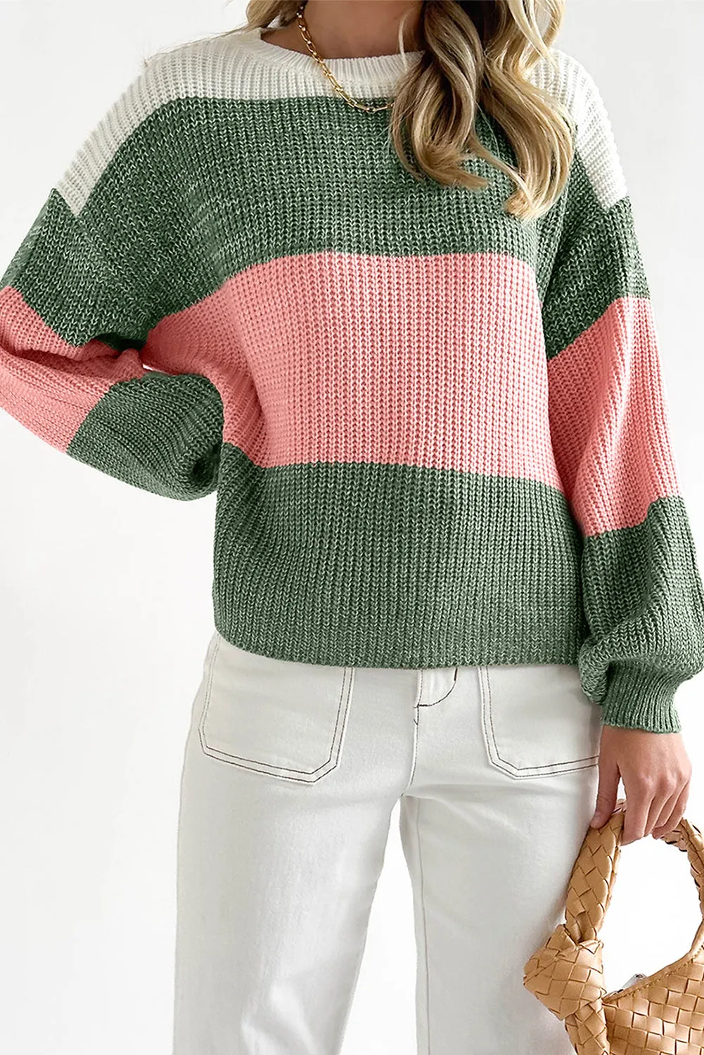 Green-2 Pink Colorblock Drop Shoulder Pullover Loose Sweater