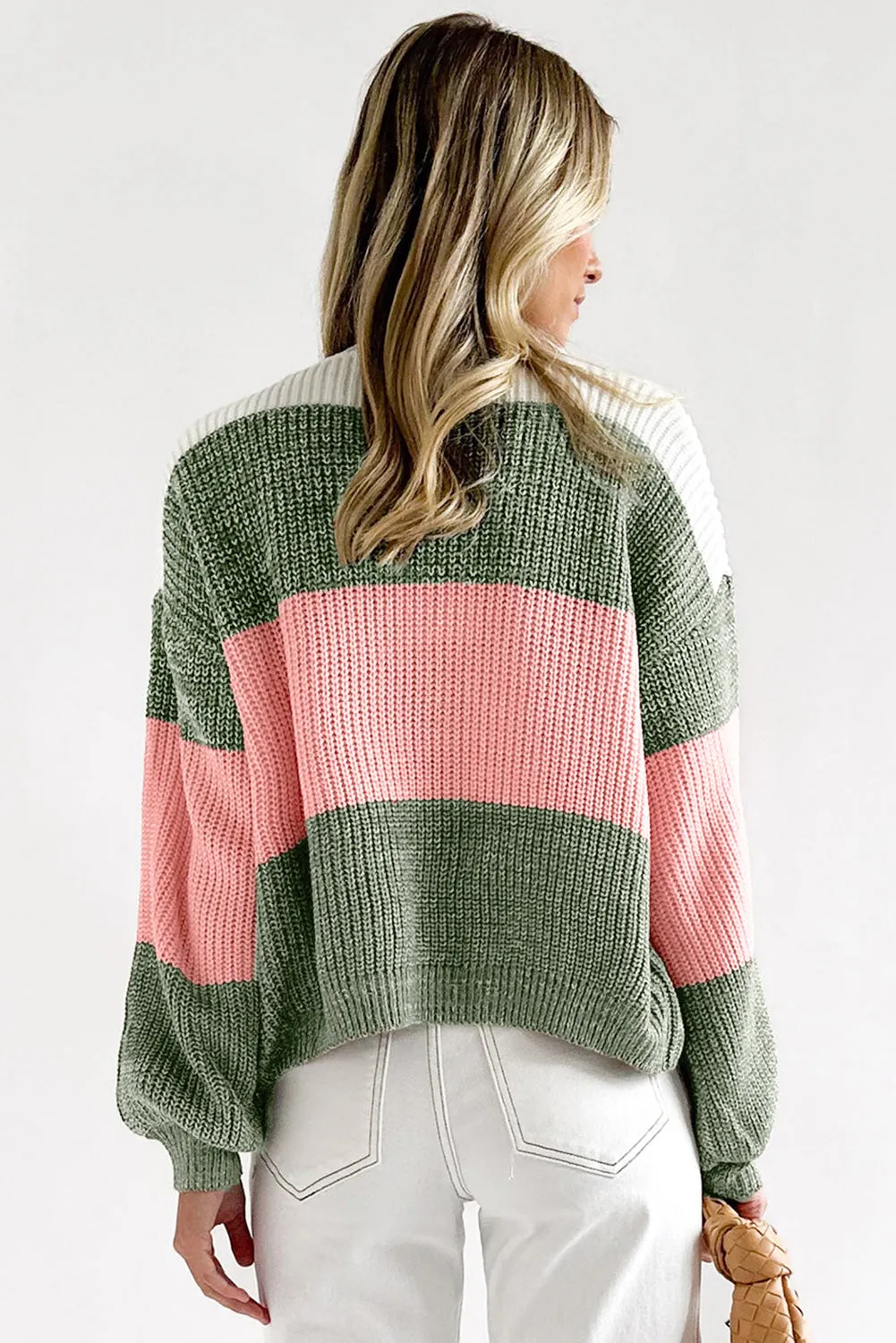Green-2 Pink Colorblock Drop Shoulder Pullover Loose Sweater