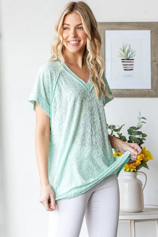 Green Exposed Seam V-Neck Short Sleeve Leopard Top Plus Size