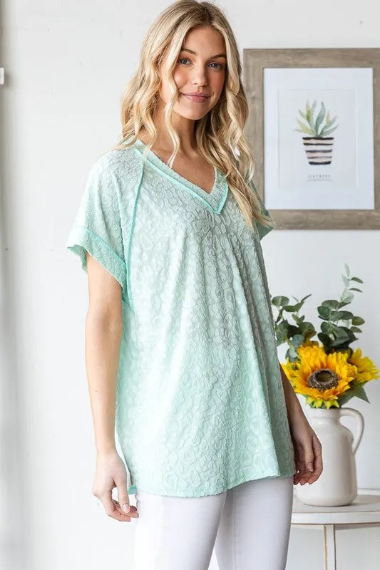Green Exposed Seam V-Neck Short Sleeve Leopard Top Plus Size