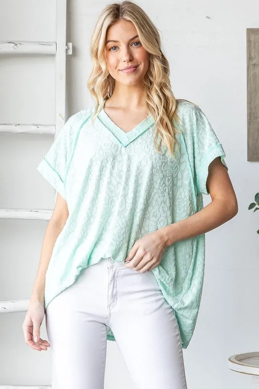 Green Exposed Seam V-Neck Short Sleeve Leopard Top Plus Size