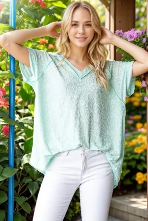 Green Exposed Seam V-Neck Short Sleeve Leopard Top Plus Size