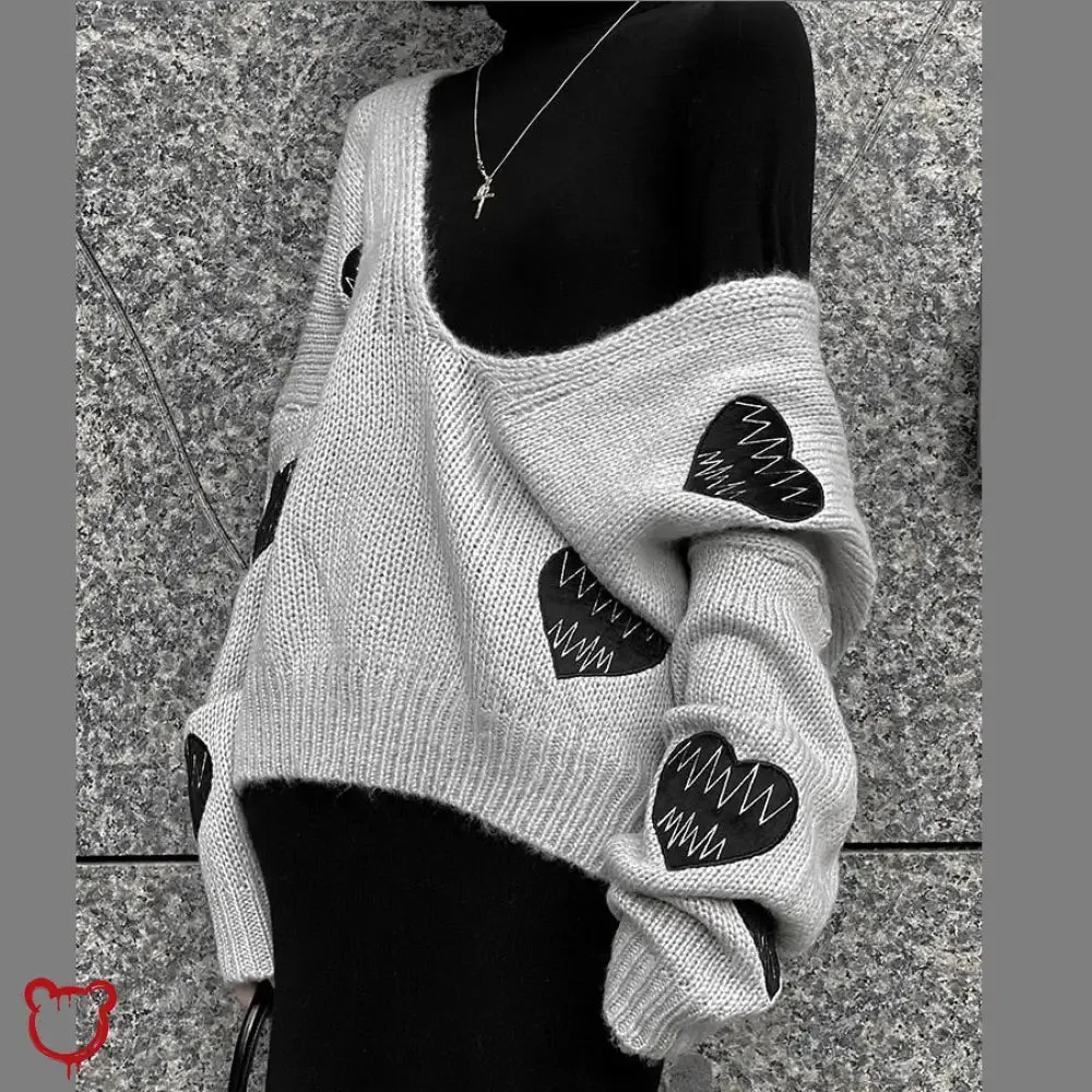 Grey Love' Grunge Embroidery Sweater