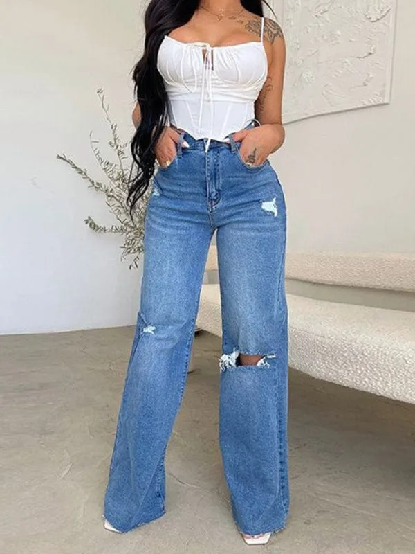 GYPSY GIRL - High Waist Ripped Wide Leg Jeans