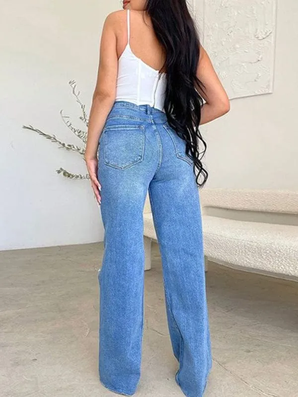 GYPSY GIRL - High Waist Ripped Wide Leg Jeans