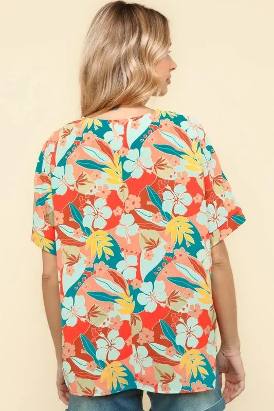 Haptics V Neck Drop Shoulder Hawaiian Woven Top for Summer