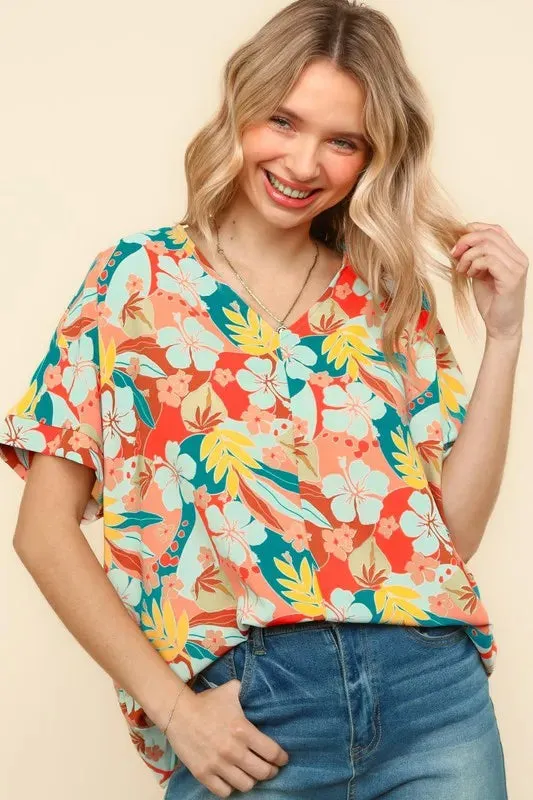 Haptics V Neck Drop Shoulder Hawaiian Woven Top for Summer