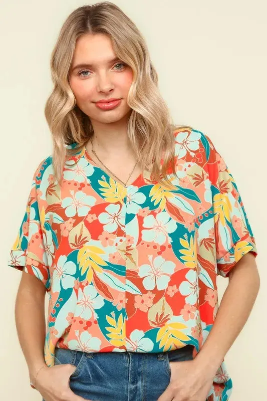 Haptics V Neck Drop Shoulder Hawaiian Woven Top for Summer