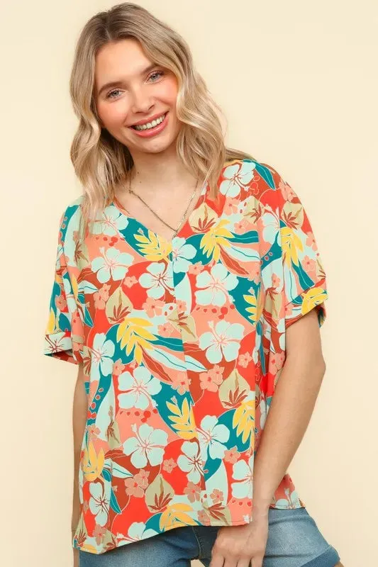 Haptics V Neck Drop Shoulder Hawaiian Woven Top for Summer