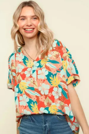 Haptics V Neck Drop Shoulder Hawaiian Woven Top for Summer
