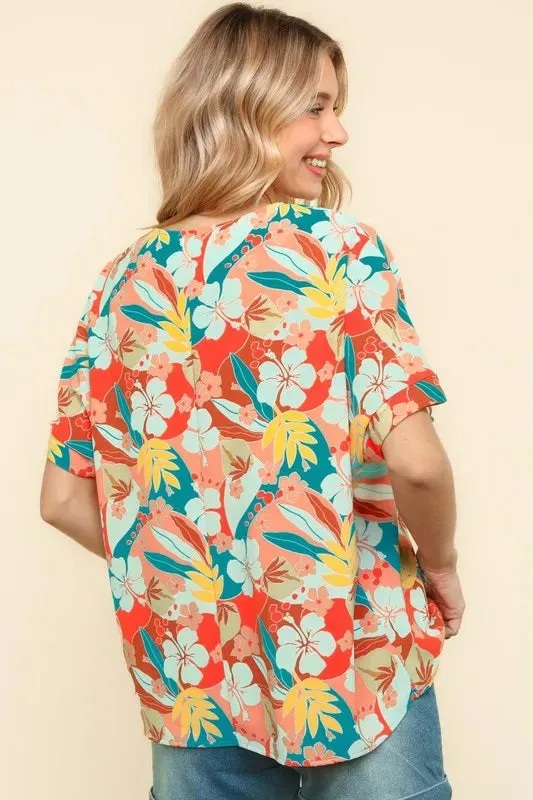Haptics V Neck Drop Shoulder Hawaiian Woven Top for Summer