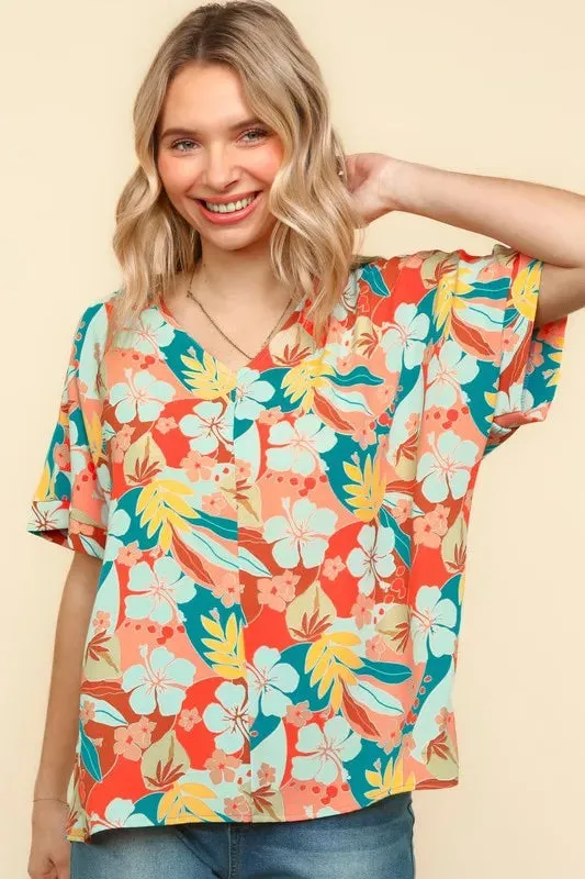 Haptics V Neck Drop Shoulder Hawaiian Woven Top for Summer