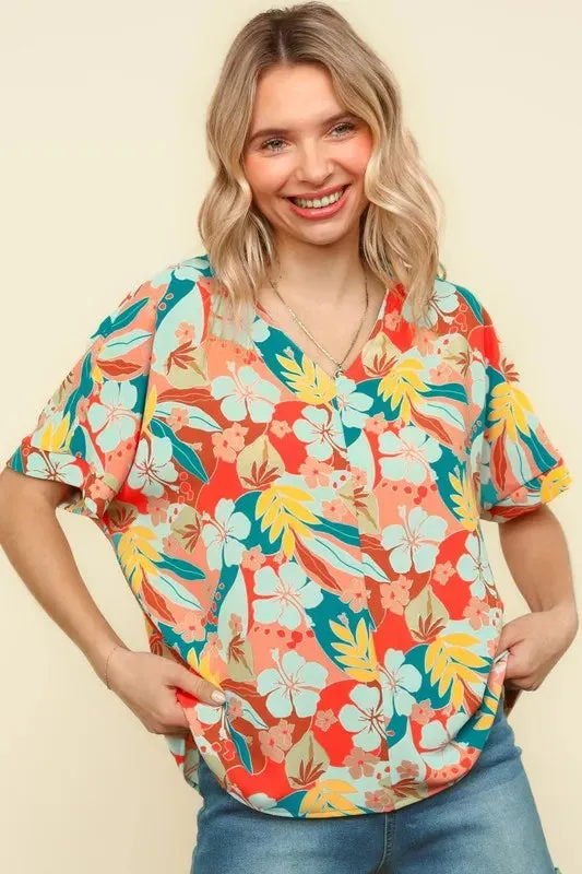 Haptics V Neck Drop Shoulder Hawaiian Woven Top for Summer