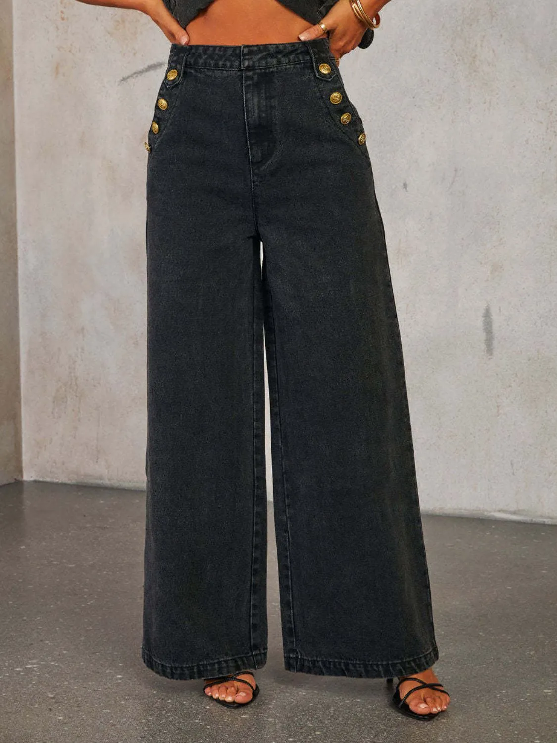 Hazel Blues® |  Button Decor High Rise Wide Leg Jeans
