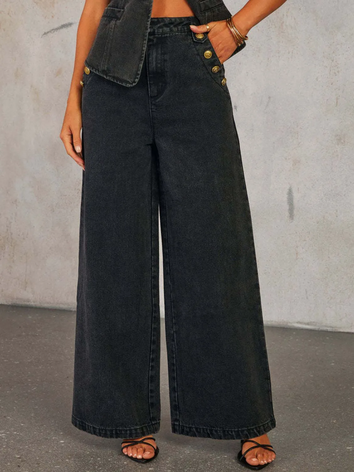 Hazel Blues® |  Button Decor High Rise Wide Leg Jeans