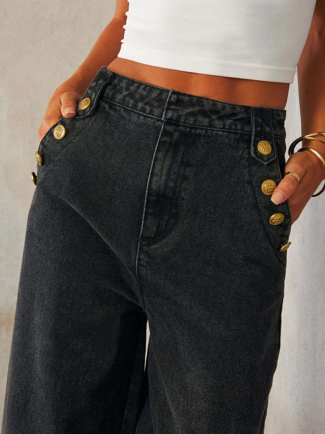 Hazel Blues® |  Button Decor High Rise Wide Leg Jeans