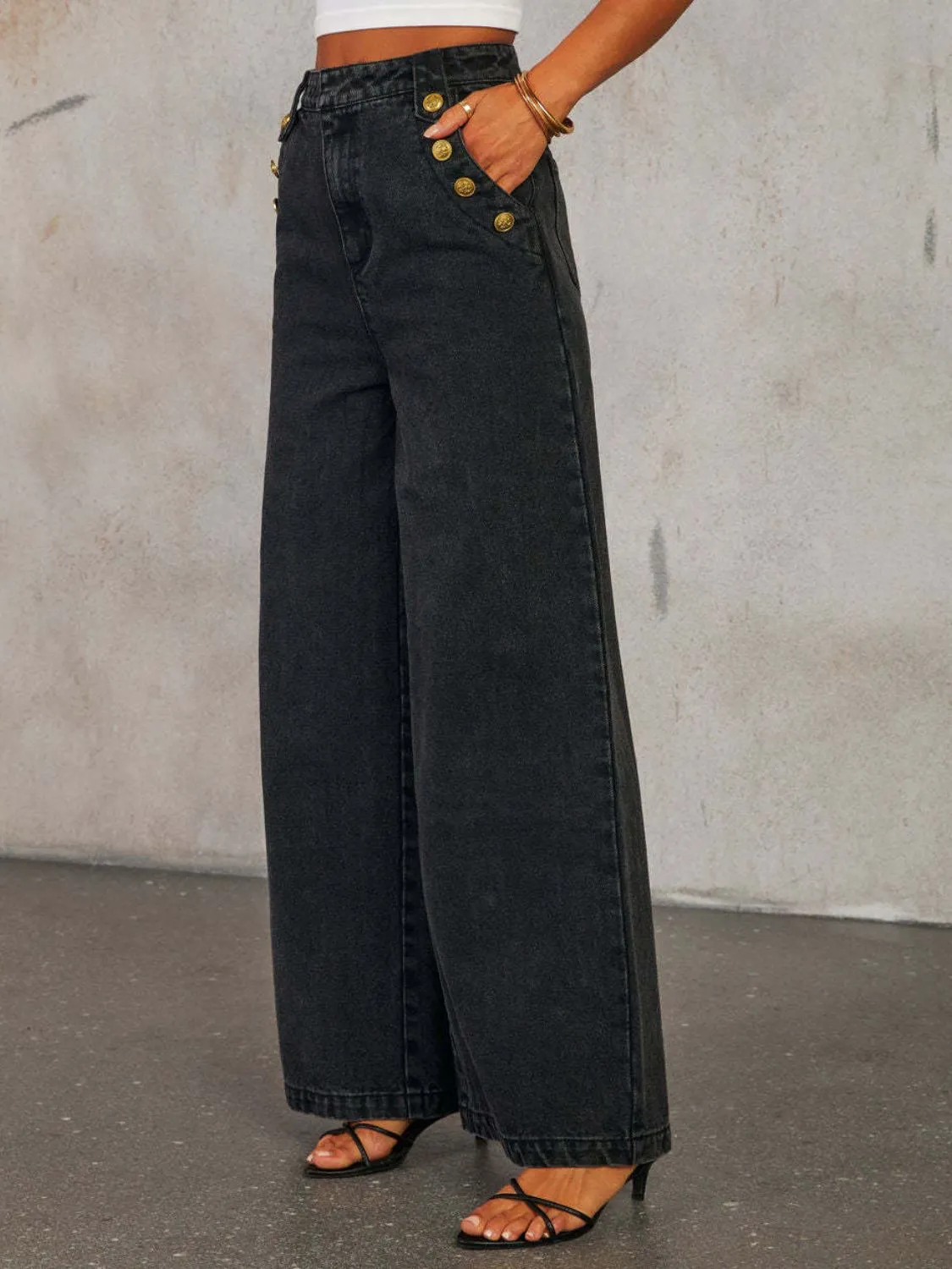 Hazel Blues® |  Button Decor High Rise Wide Leg Jeans