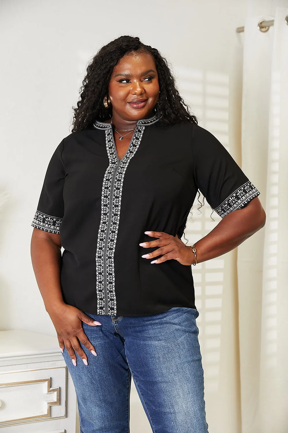 Hazel Blues® |  Double Take Embroidered Notched Neck Top