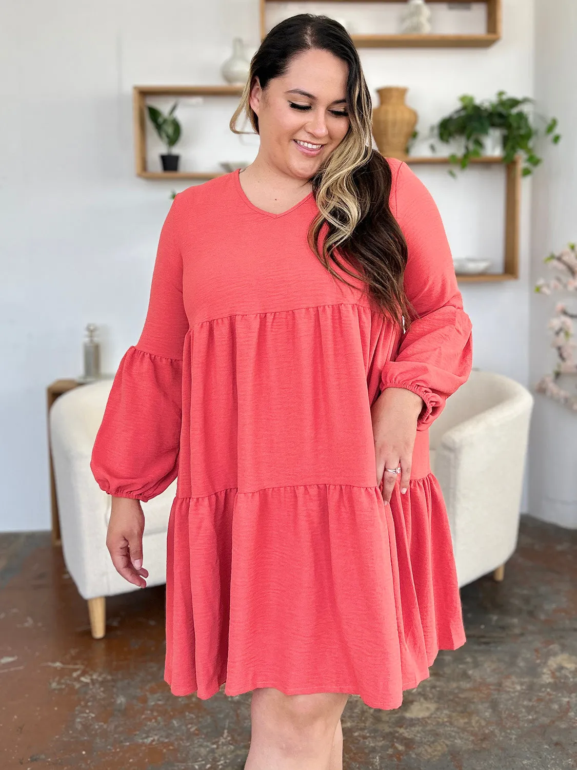 Hazel Blues® |  Double Take V-Neck Balloon Sleeve Tiered Dress with Pockets