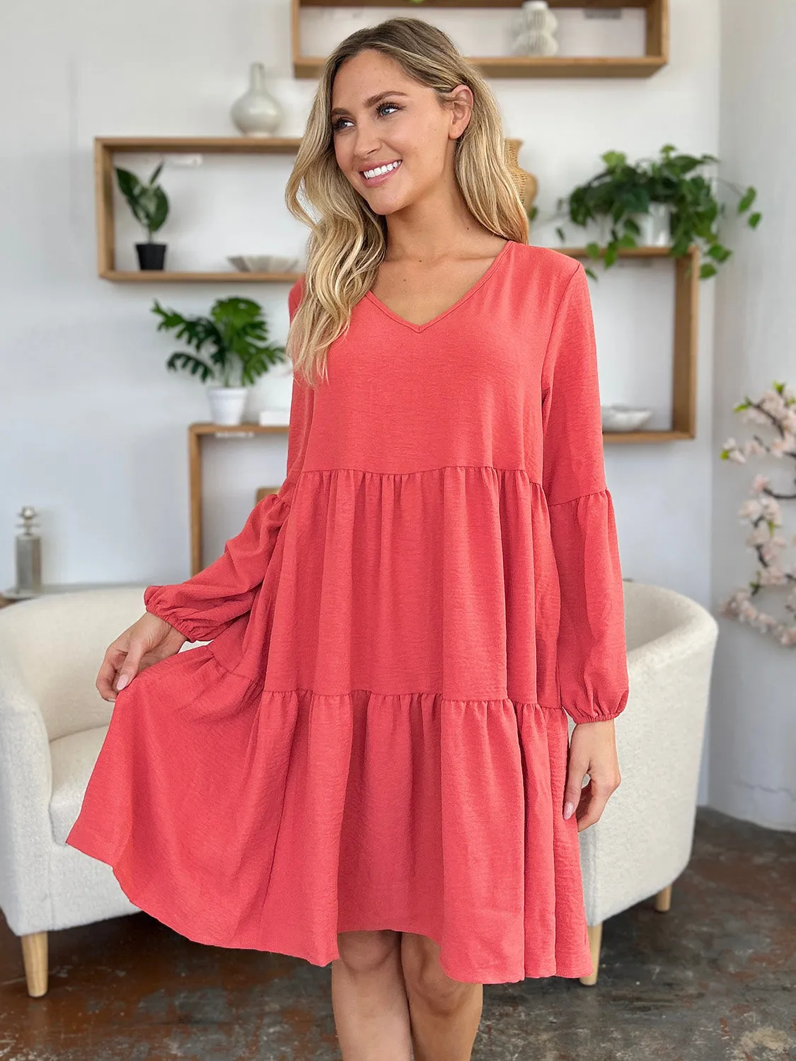 Hazel Blues® |  Double Take V-Neck Balloon Sleeve Tiered Dress with Pockets