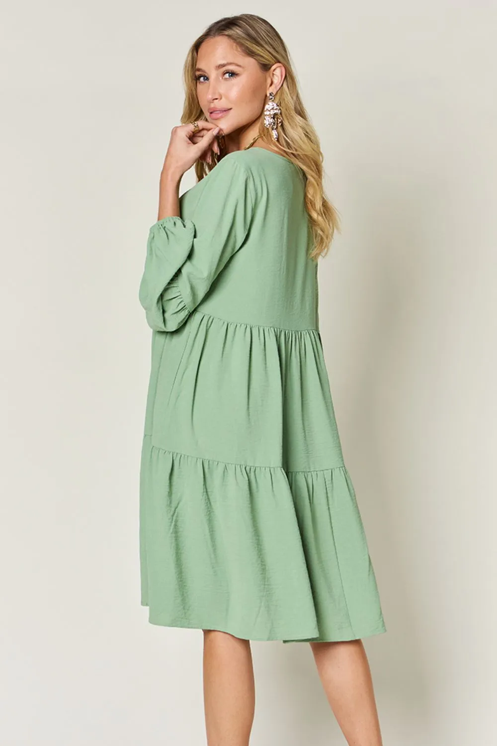 Hazel Blues® |  Double Take V-Neck Balloon Sleeve Tiered Dress with Pockets