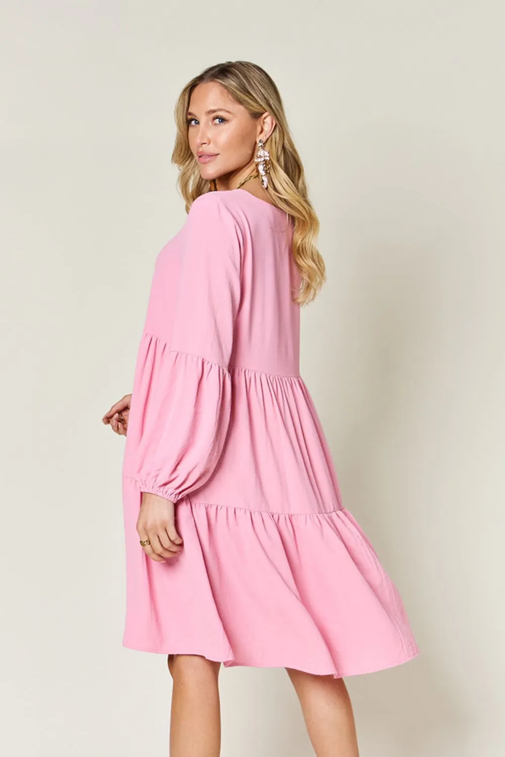Hazel Blues® |  Double Take V-Neck Balloon Sleeve Tiered Dress with Pockets