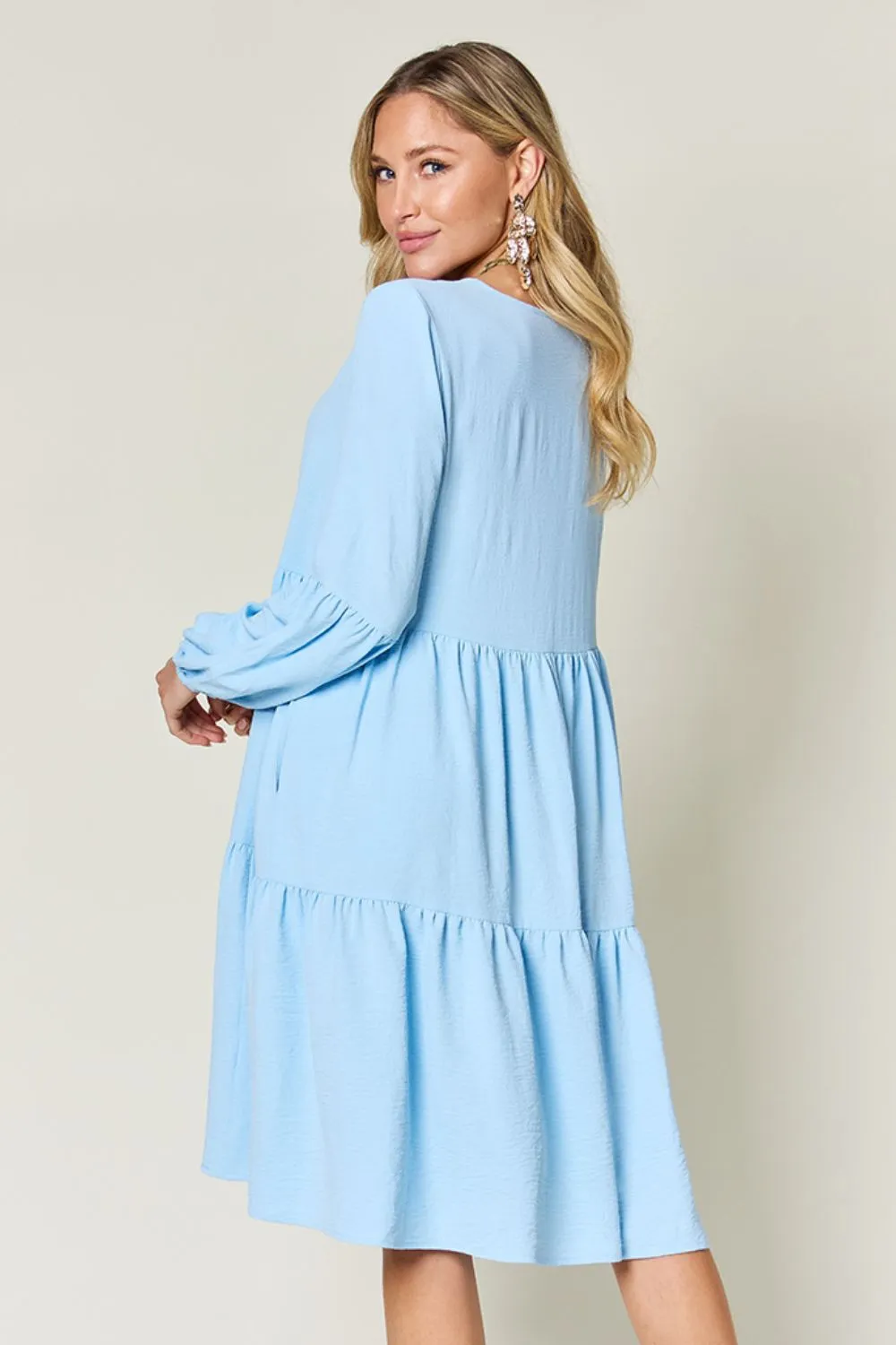 Hazel Blues® |  Double Take V-Neck Balloon Sleeve Tiered Dress with Pockets