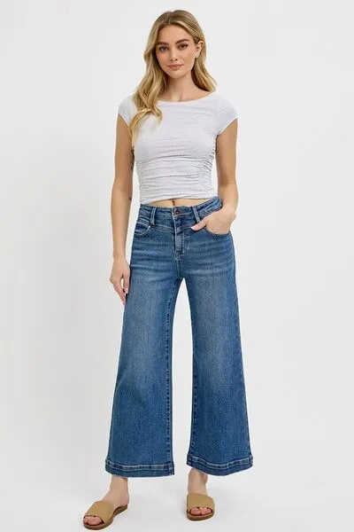 Hazel Blues® | RISEN High Rise Crop Wide Leg Front Yoke Detail Jeans