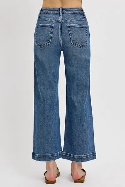 Hazel Blues® | RISEN High Rise Crop Wide Leg Front Yoke Detail Jeans
