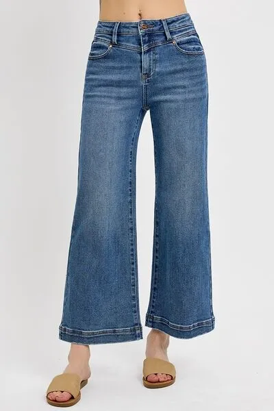 Hazel Blues® | RISEN High Rise Crop Wide Leg Front Yoke Detail Jeans