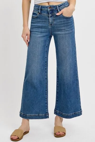 Hazel Blues® | RISEN High Rise Crop Wide Leg Front Yoke Detail Jeans