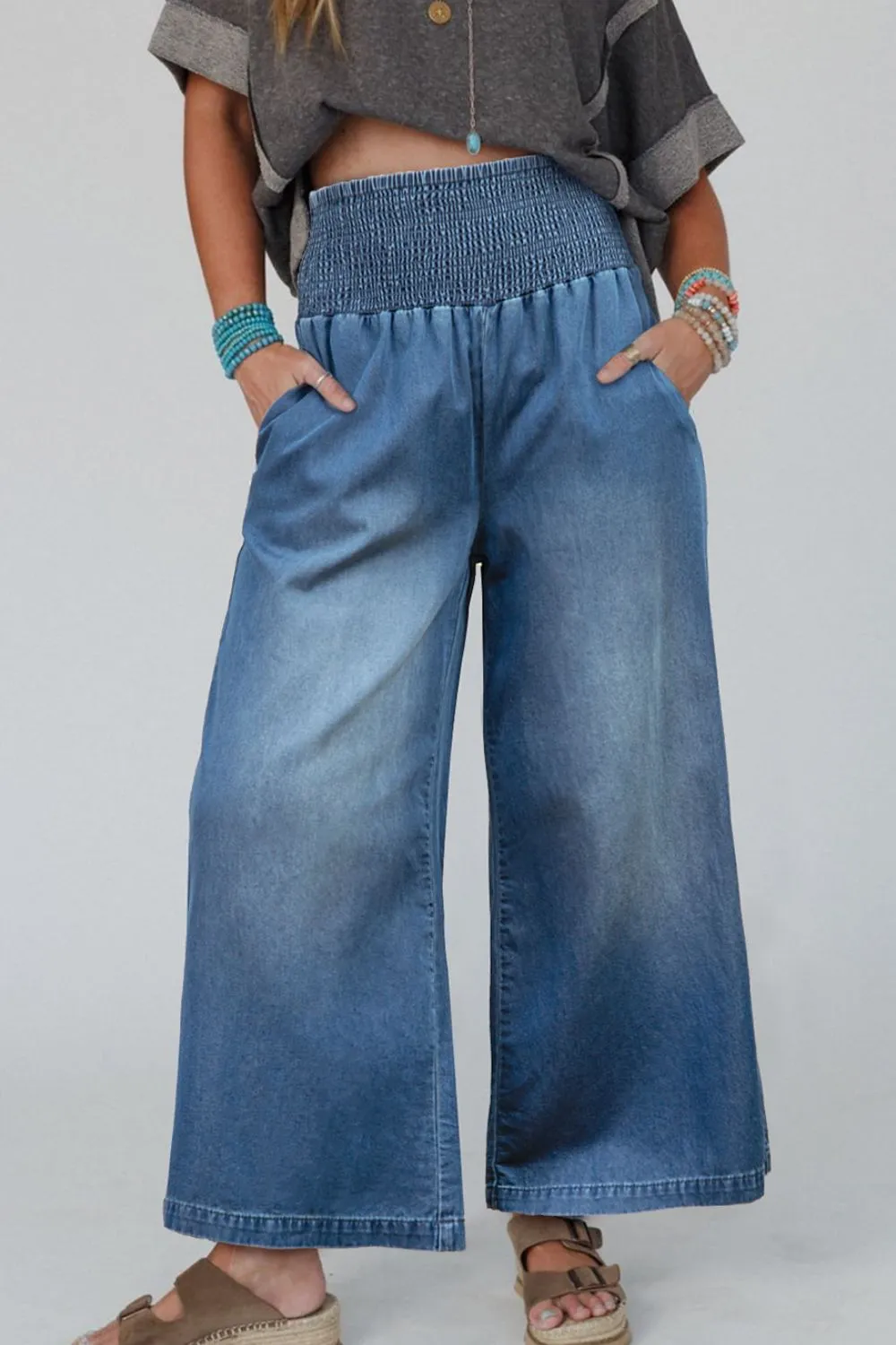 Hazel Blues® |  Smocked Wide Leg Jeans