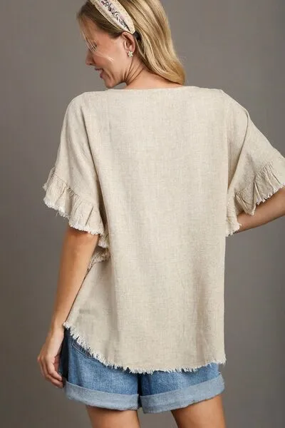 Hazel Blues® | Umgee Raw Hem Ruffle Short Sleeve Blouse
