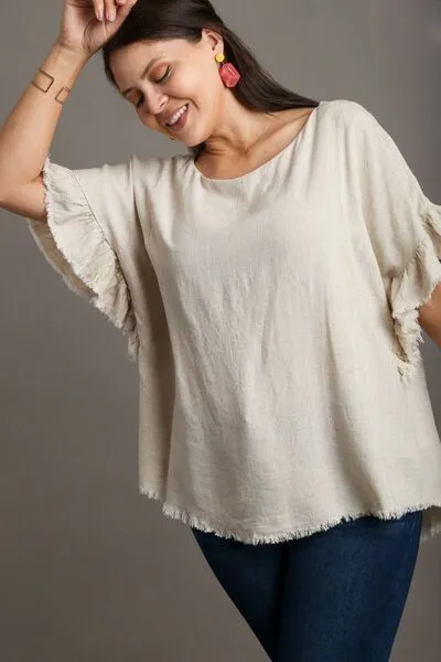Hazel Blues® | Umgee Raw Hem Ruffle Short Sleeve Blouse