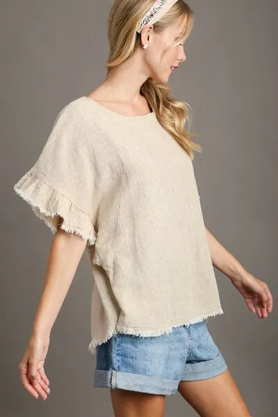 Hazel Blues® | Umgee Raw Hem Ruffle Short Sleeve Blouse