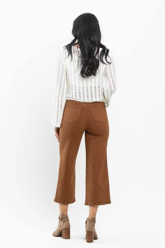 High Rise Tummy Control Camel Wide Crop Jeans -Judy Blue