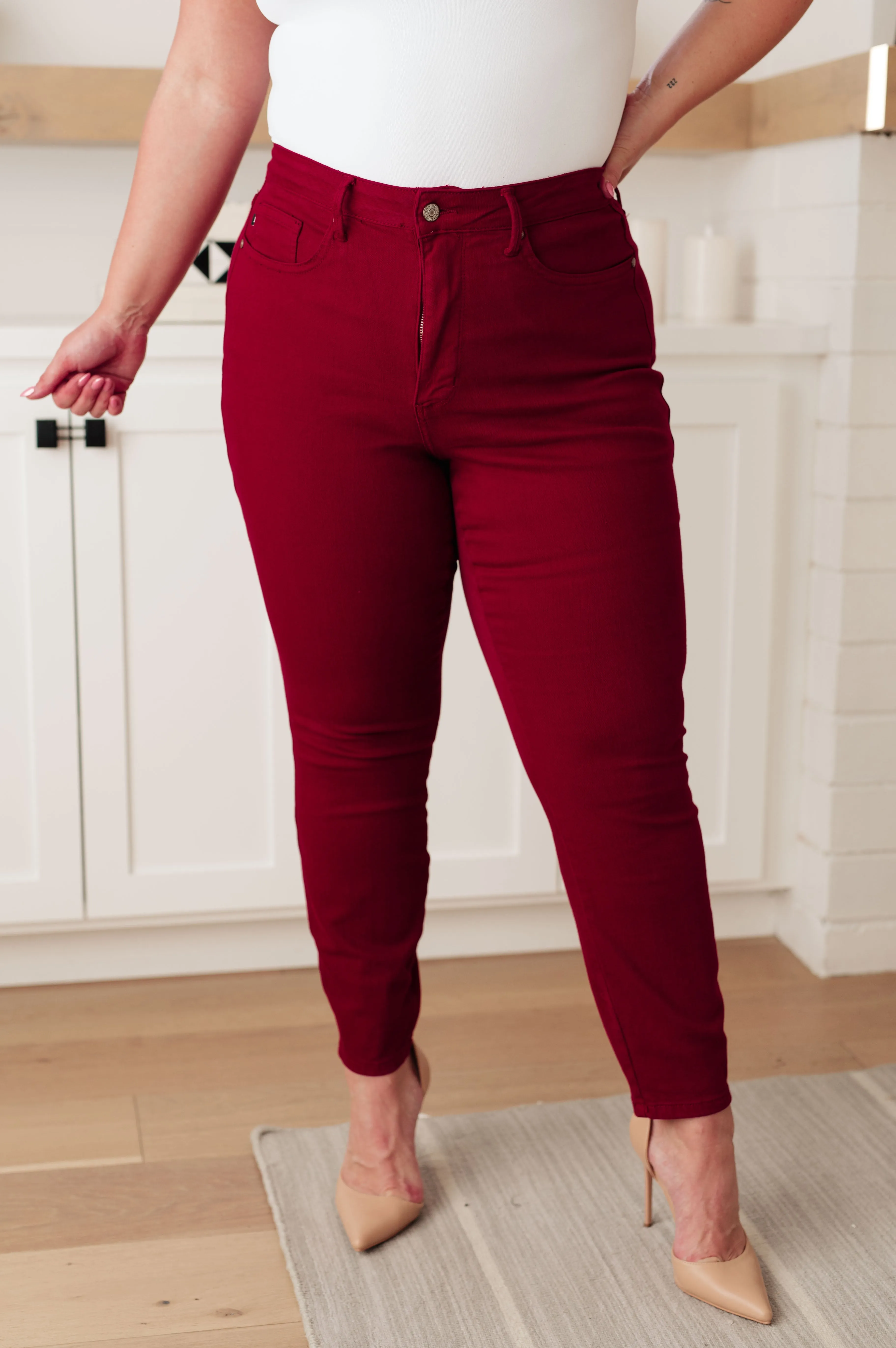 High-Rise Tummy Control Skinny Jeans in Scarlet