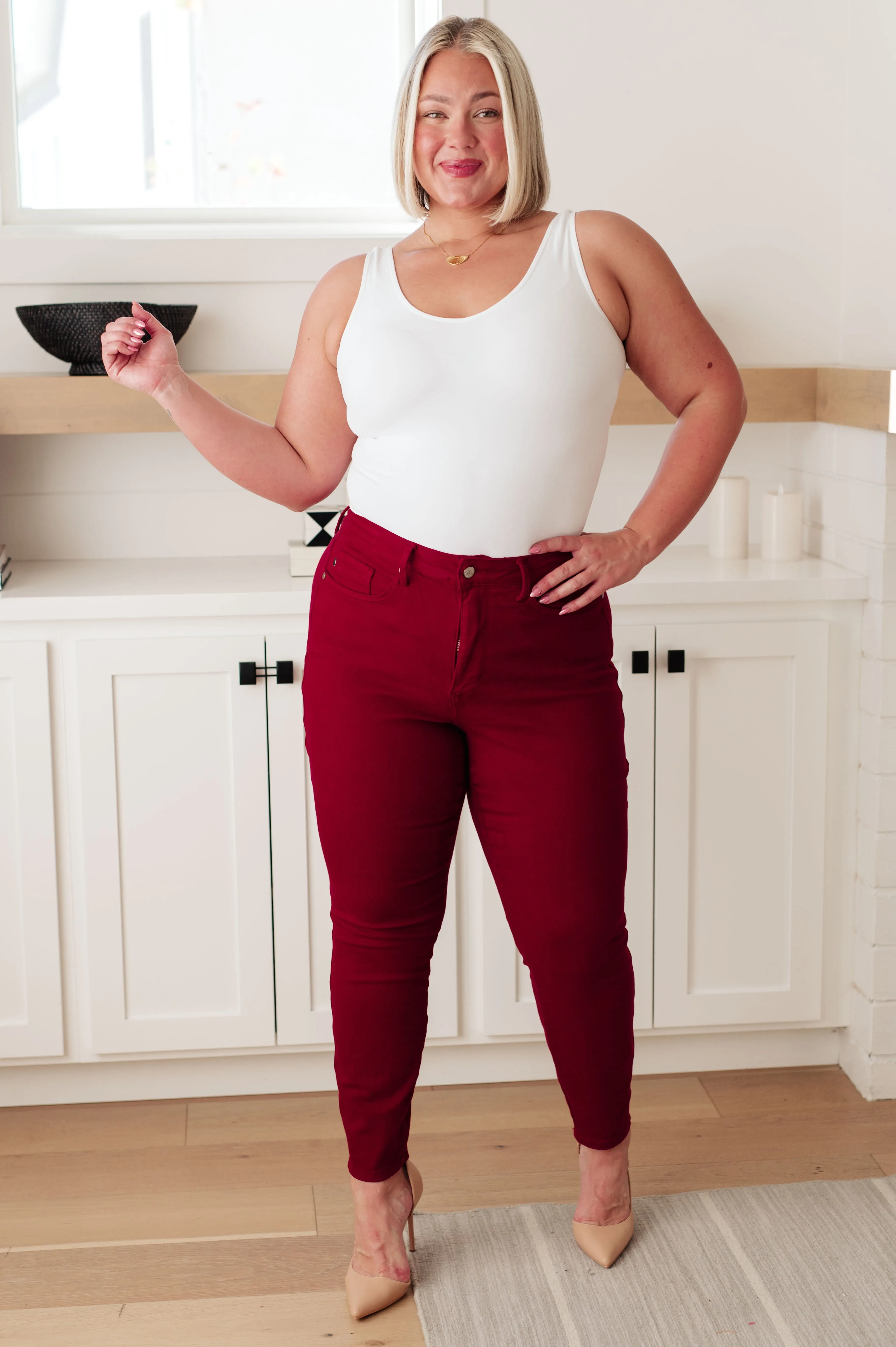 High-Rise Tummy Control Skinny Jeans in Scarlet