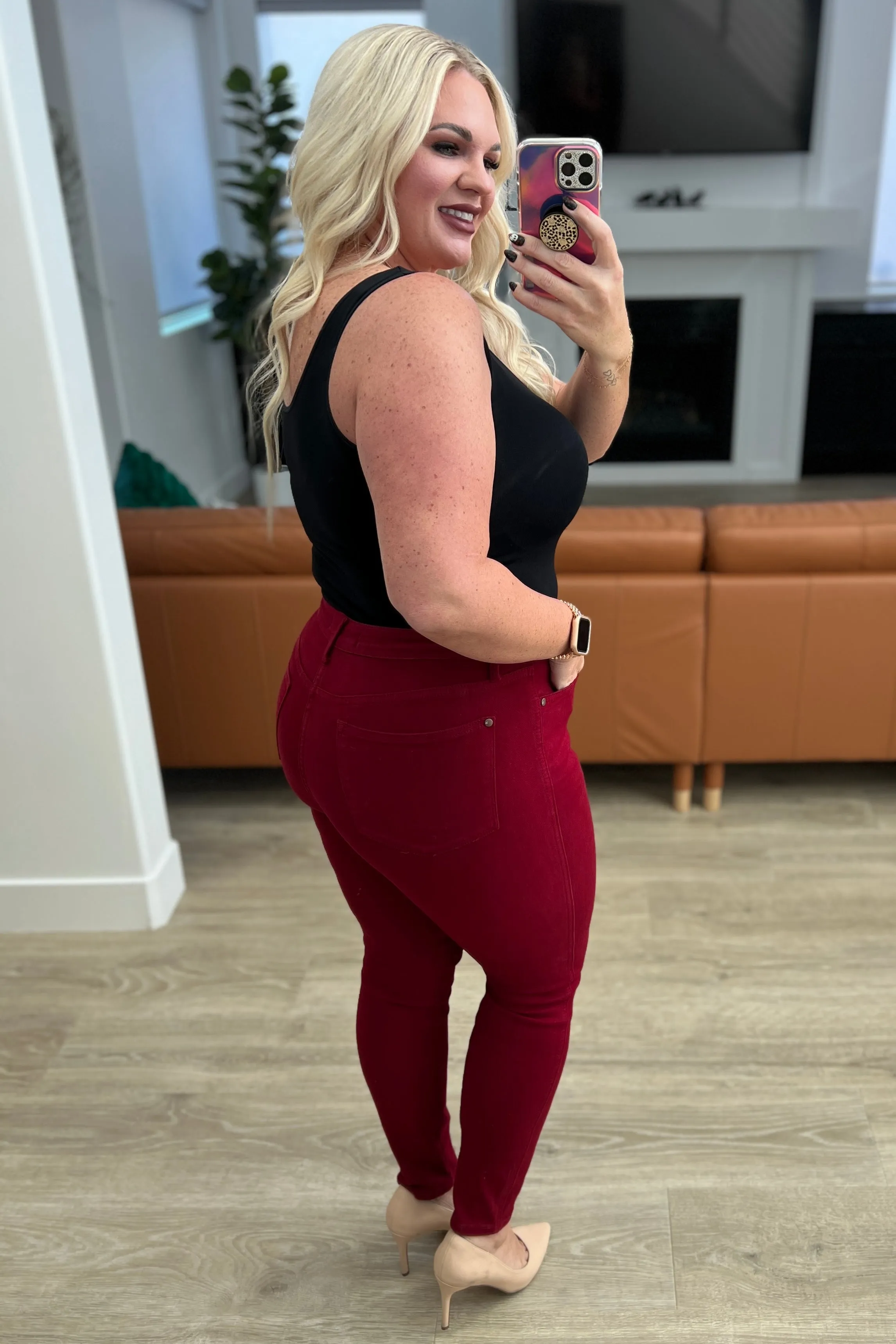 High-Rise Tummy Control Skinny Jeans in Scarlet