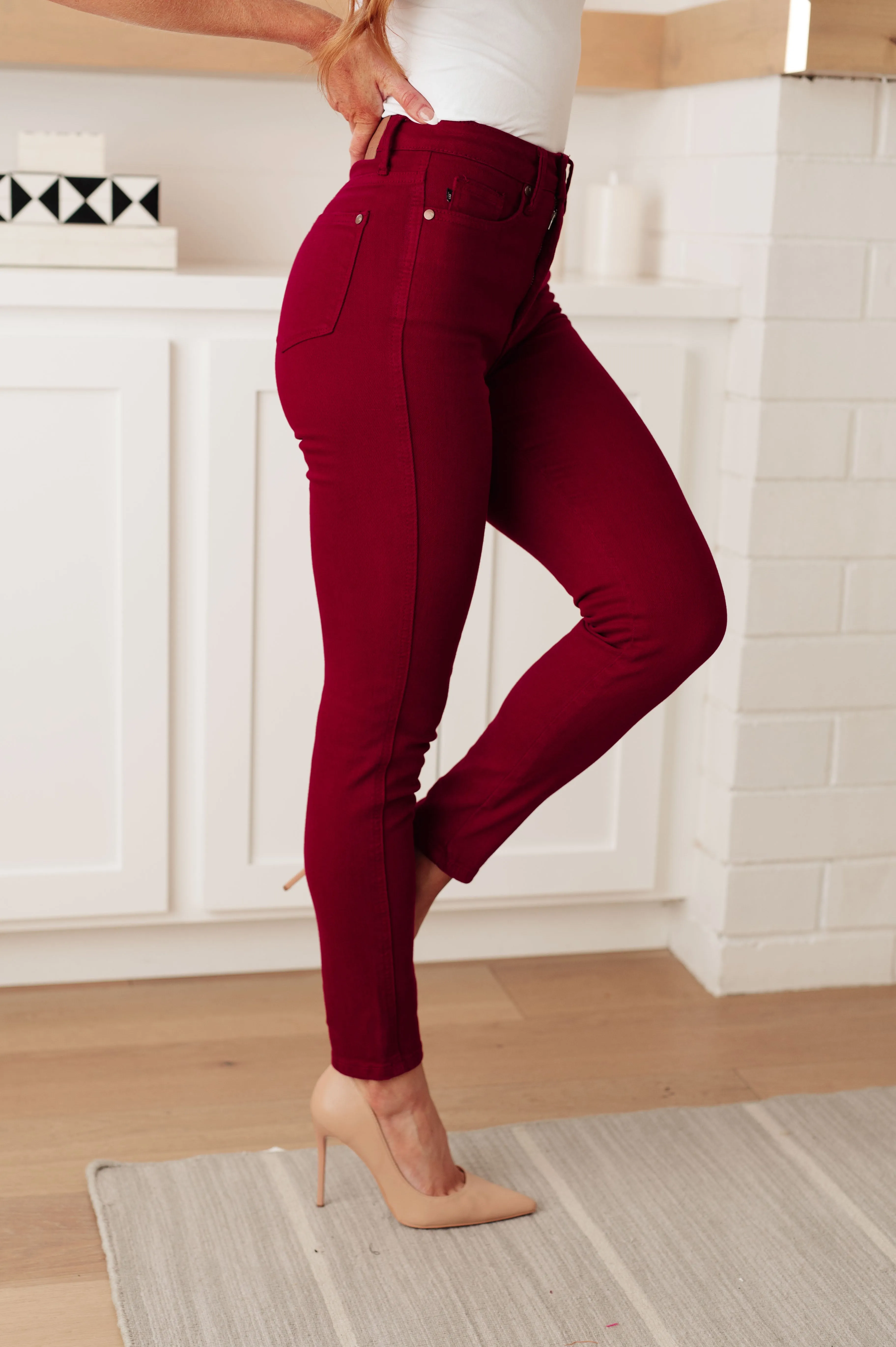 High-Rise Tummy Control Skinny Jeans in Scarlet