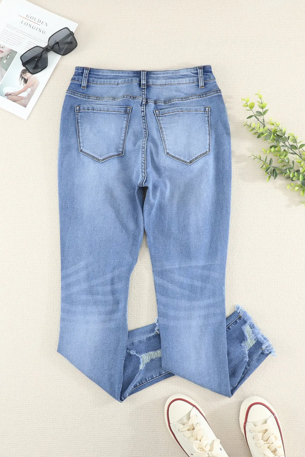 High Waist Frayed Hem Distressed Skinny Jeans
