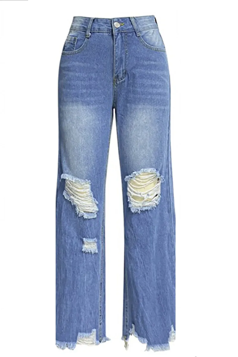 HPZ1078 High-Rise Flare Leg Distressed Hem Jeans Pant