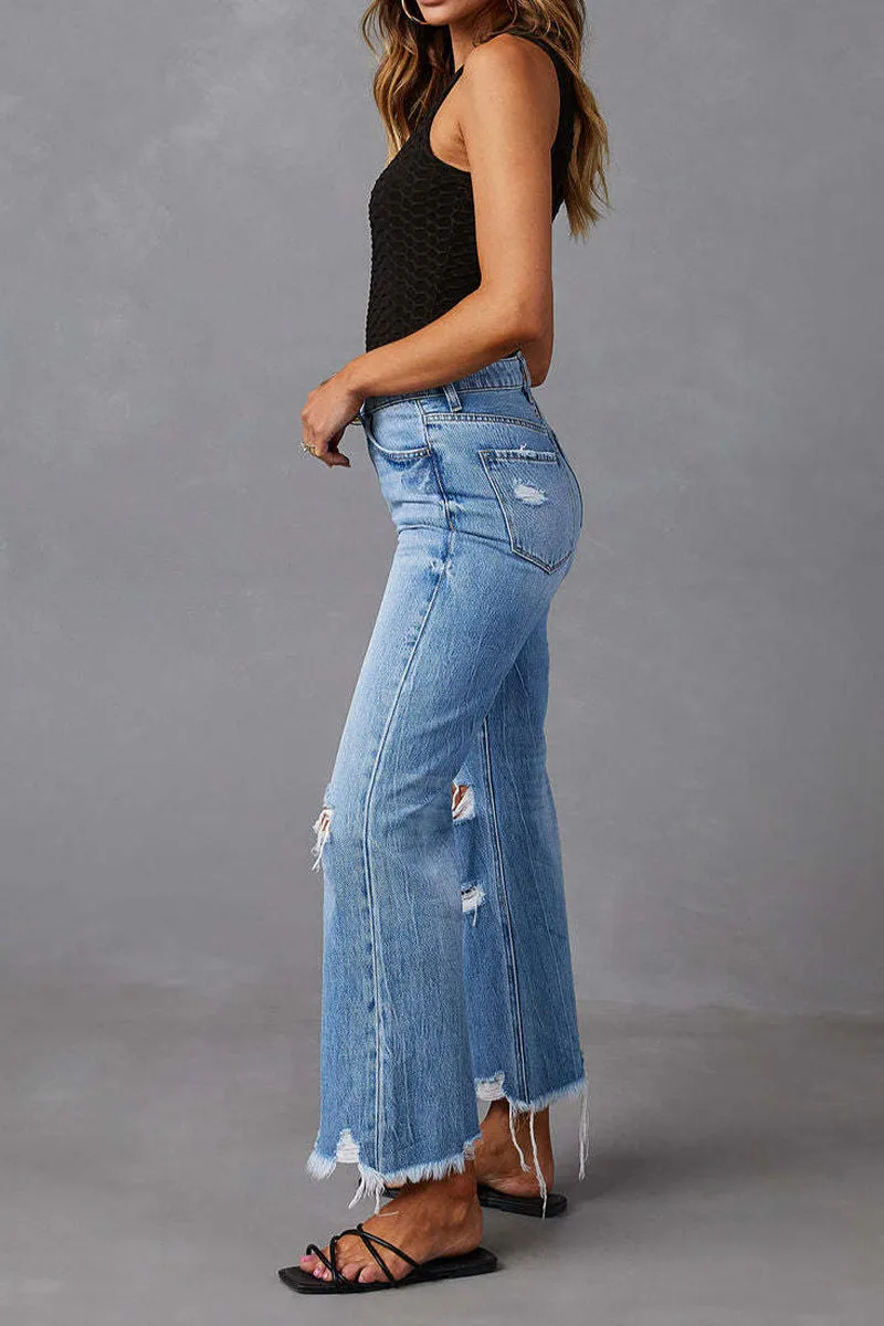 HPZ1078 High-Rise Flare Leg Distressed Hem Jeans Pant