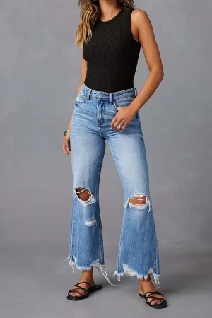HPZ1078 High-Rise Flare Leg Distressed Hem Jeans Pant